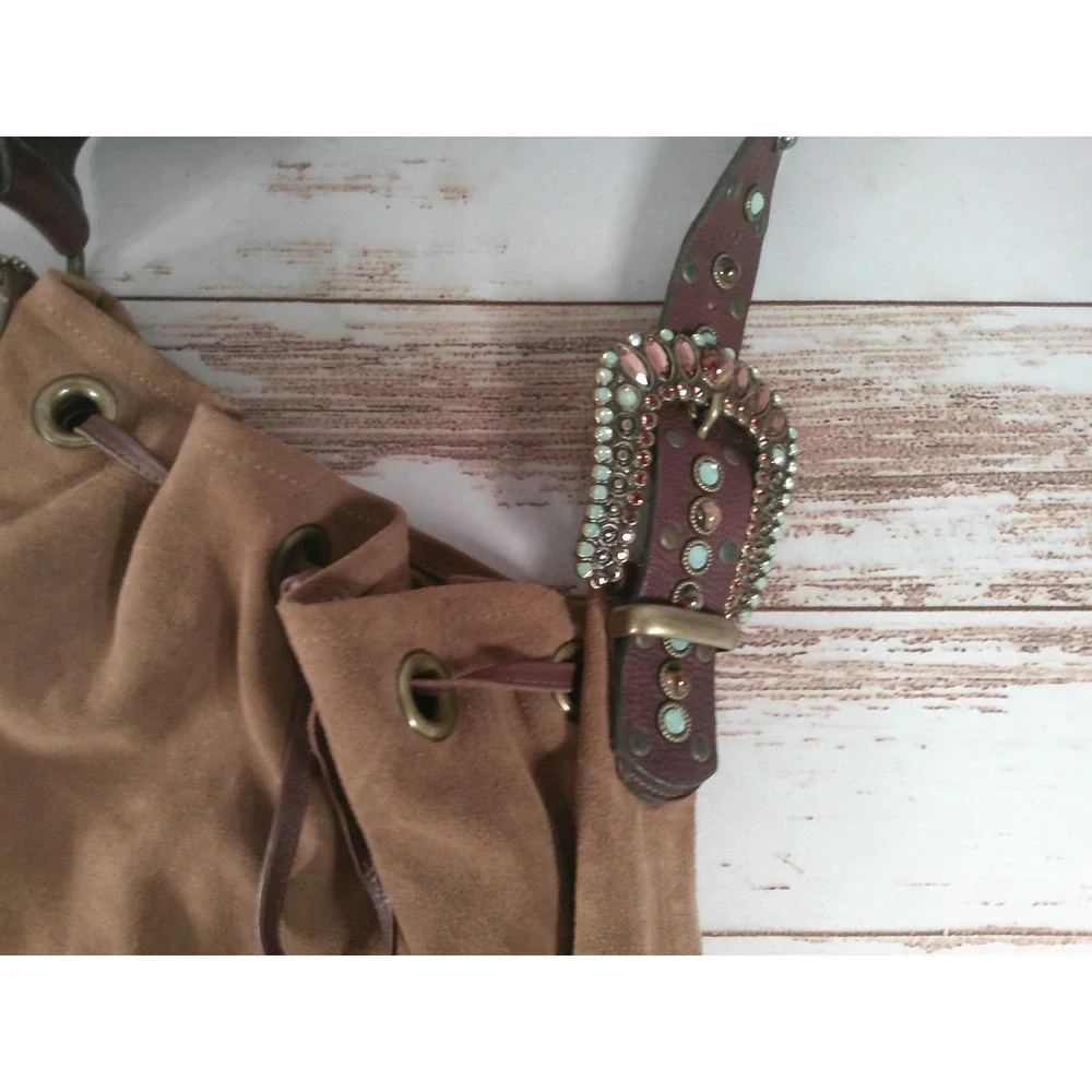 Leatherock Suede Slouchy Bucket Bag Brown Shoulder Handbag Drawstring Used